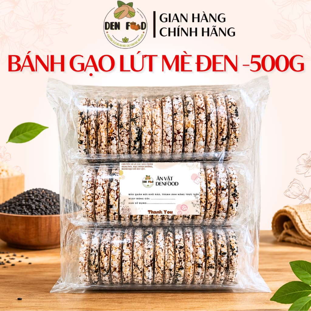 500G Bánh Gạo Lứt Mè Đen Giòn Xốp - Bánh Nổ Gạo Lứt - Ăn Vặt Denfood
